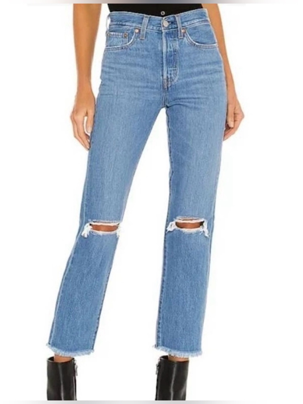 Levi's Premium Wedgie Straight Jeans Raw Hem Ankle Length Distressed Size 25 EUC